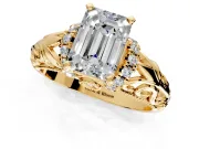 Solitaire Engagement Ring Setting for Emerald Cut Center with Filigree Accent Basket and Prong Head in Yellow Gold