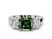 3 Stone Engagement Ring Setting for Fancy Green Asscher Cut Center with Raised Basket Heads and Prong Head in White Gold