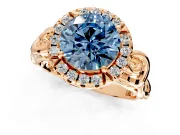 Halo Engagement Ring Setting for Fancy Blue Round Cut Center with Open Scroll Shoulders and Prong Head in Rose Gold