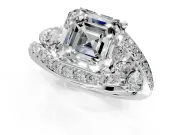 Halo Engagement Ring Setting for Asscher Cut Center with Marquise and Pave Bypass Band and Prong Head in Sterling Silver