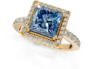 Halo Engagement Ring Setting for Fancy Blue Princess Cut Center with Inner Milgrain Border and Prong Head in Yellow Gold