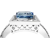 Halo Engagement Ring Setting for Fancy Blue Princess Cut Center with Heart-Shaped Openwork, Pave Band and Prong Head in White Gold