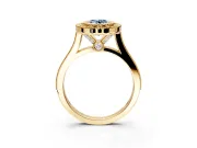 Halo Engagement Ring Setting for Fancy Blue Oval Center with Milgrain Frame, Pave Band and Prong Head in Yellow Gold