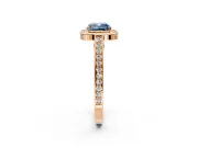 Halo Engagement Ring Setting for Fancy Blue Cushion Cut Center with Framed Halo, Pave Band and Prong Head in Rose Gold