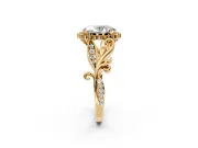 Halo Engagement Ring Setting for Oval Center with Leaf Motif Split Shank and Prong Head in Yellow Gold