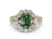Halo Engagement Ring Setting for Fancy Green Emerald Cut Center with Two-Strand Split Shank and Prong Head in Yellow Gold