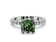 Solitaire Engagement Ring Setting for Fancy Green Cushion Cut Center with Fine Pave Band and Claw Prong Head in Platinum