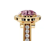 Halo Engagement Ring Setting for Fancy Pink Round Cut Center with Outer Bezel Rim, Pave Band and Prong Head in Yellow Gold