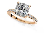 Solitaire Engagement Ring Setting for Cushion Cut Center with Fine Pave Narrow Band and Prong Head in Rose Gold