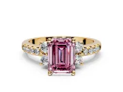 Paired Accent Engagement Ring Setting for Fancy Pink Emerald Cut Center with Pave Band and Prong Head in Yellow Gold