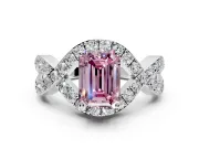 Halo Engagement Ring Setting for Fancy Pink Emerald Cut Center with Pave Infinity Twist Band and Prong Head in Platinum