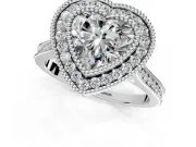 Halo Engagement Ring Setting for Heart-Shaped Center with Milgrain Frame, Pave Band and Prong Head in White Gold