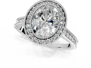 Halo Engagement Ring Setting for Oval Center with Milgrain Pave Band and Bezel Head in White Gold