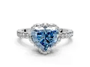 Halo Engagement Ring Setting for Fancy Blue Heart-Shaped Center with Openwork Halo, Pave Band and Prong Head in Platinum