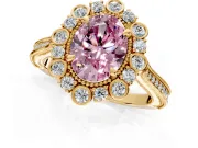 Milgrain Halo Engagement Ring Setting for Fancy Pink Oval Center with Bezel Point Accents and Prong Head in Yellow Gold