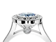 Halo Engagement Ring Setting for Fancy Blue Oval Center with Milgrain Frame, Pave Band and Prong Head in Sterling Silver