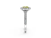 Halo Engagement Ring Setting for Fancy Yellow Cushion Cut Center with Milgrain Pave Band and Bezel Head in White Gold