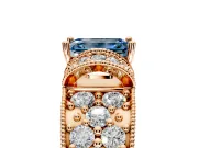 Pave Engagement Ring Setting for Fancy Blue Emerald Cut Center with Curved Accent Rows, Openwork and Prong Head in Rose Gold