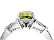 3 Stone Engagement Ring Setting for Fancy Yellow Emerald Cut Center with Channel Baguette Accents and Prong Head in Platinum