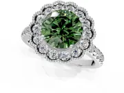 Milgrain Floral Halo Engagement Ring Setting for Fancy Green Round Cut Center with Pave Band and Prong Head in Platinum