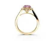 Halo Engagement Ring Setting for Fancy Pink Cushion Cut Center with Narrowing Pave Band and Prong Head in Yellow Gold