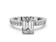 Solitaire Engagement Ring Setting for Emerald Cut Center with Milgrain-Edged Pave Band and Prong Head in Platinum