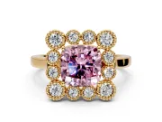 Cluster Halo Engagement Ring Setting for Fancy Pink Cushion Cut Center with Milgrain Bezel Accents and Prong Head in Yellow Gold