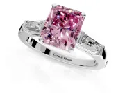 3 Stone Engagement Ring Setting for Fancy Pink Radiant Cut Center with Tapered Baguettes, Plain Band and Prong Head in White Gold
