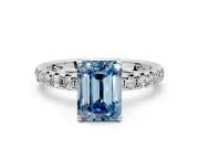 Solitaire Engagement Ring Setting for Fancy Blue Emerald Cut Center with Shared-Prong Accents and Prong Head in White Gold