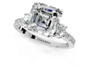 3 Stone Engagement Ring Setting for Asscher Cut Center with Round Cut Side Accents and Prong Head in Sterling Silver