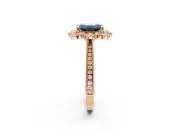 Milgrain Halo Engagement Ring Setting for Fancy Blue Emerald Cut Center with Bezel Point Accents and Prong Head in Rose Gold