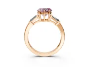 3 Stone Engagement Ring Setting for Fancy Pink Heart-Shaped Center with Baguette Accents and Prong Head in Rose Gold