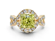 Halo Engagement Ring Setting for Fancy Yellow Princess Cut Center with Pave Infinity Twist Band and Prong Head in Yellow Gold