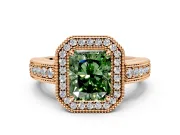 Milgrain Halo Engagement Ring Setting for Fancy Green Radiant Cut Center with Pave Band and Prong Head in Rose Gold