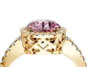 Accent Halo Engagement Ring Setting for Fancy Pink Round Cut Center with Full-Length Pave Band and Prong Head in Yellow Gold