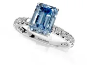 Solitaire Engagement Ring Setting for Fancy Blue Emerald Cut Center with Shared-Prong Accents and Prong Head in White Gold