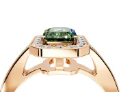 Bezel-Framed Halo Engagement Ring Setting for Fancy Green Emerald Cut Center with Pave Band and Prong Head in Rose Gold