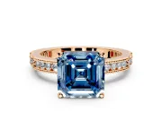 Solitaire Engagement Ring Setting for Fancy Blue Asscher Cut Center with Milgrain-Edged Pave Band and Prong Head in Rose Gold