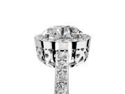 Halo Engagement Ring Setting for Round Cut Center with Heart-Shaped Openwork, Pave Band and Prong Head in Platinum