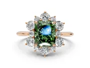 Small-Accent Cluster Halo Engagement Ring Setting for Fancy Green Radiant Cut Center with Plain Band and Prong Head in Rose Gold