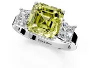 3 Stone Engagement Ring Setting for Fancy Yellow Asscher Cut Center with Matching Side Accents and Prong Head in Platinum