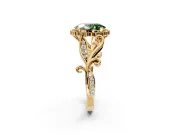 Halo Engagement Ring Setting for Fancy Green Oval Center with Leaf Motif Split Shank and Prong Head in Yellow Gold