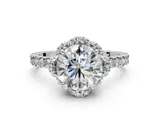 Halo Engagement Ring Setting for Round Cut Center with Openwork Halo, Pave Band and Prong Head in Sterling Silver
