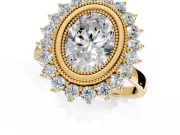 Halo Engagement Ring Setting for Oval Center with Milgrain Bezel Rim, Plain Band and Prong Head in Yellow Gold