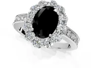 Halo Engagement Ring Setting for Fancy Black Oval Center with Milgrain Channel Band and Prong Head in White Gold