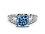 Solitaire Engagement Ring Setting for Fancy Blue Princess Cut Center with Pave Split Shank and Prong Head in Sterling Silver