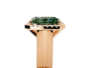 Halo Engagement Ring Setting for Fancy Green Emerald Cut Center with Knife Ridge Cathedral Band and Prong Head in Rose Gold