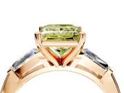 3 Stone Engagement Ring Setting for Fancy Yellow Princess Cut Center with Tapered Baguettes, Plain Band and Prong Head in Rose Gold