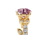 Leaf Motif Engagement Ring Setting for Fancy Pink Round Cut Center with Pave Band and Prong Head in Yellow Gold
