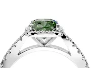 Halo Engagement Ring Setting for Fancy Green Cushion Cut Center with Full Pave Band and Prong Head in White Gold